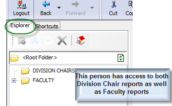 Explorer <root folder>. Division Chairs; Faculty. This person has access to both Division Chair reports as well as Faculty reports